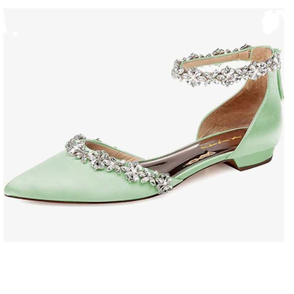 XYD Tender Palegreen Pointed Toe D'Orsay Wedding Sandal Sparkly Ankle Strap Shoe